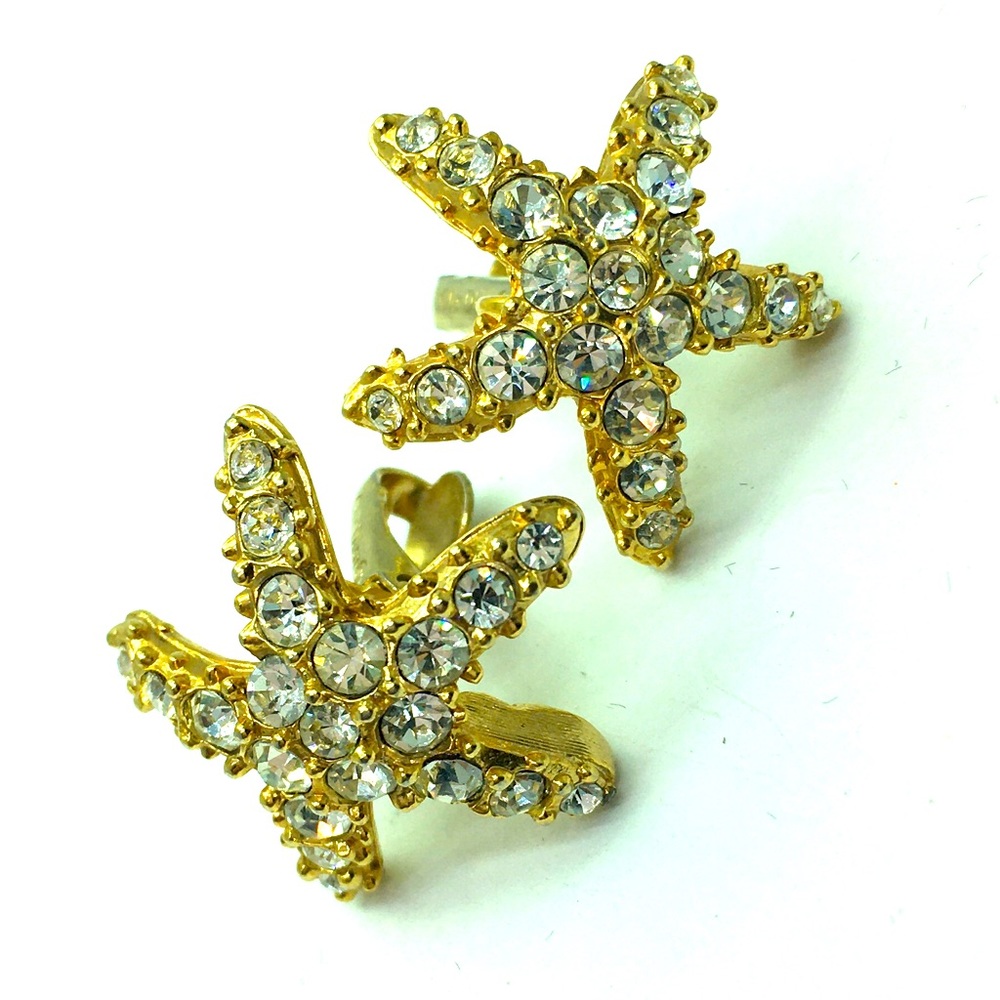 Vintage signed Christian Dior crystal starfish screw back earrings goldtone